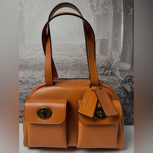 NWT Coach Twin Turnlock 20 Waxed Leather Satchel Bag Toffee / Dark Brass CCC55